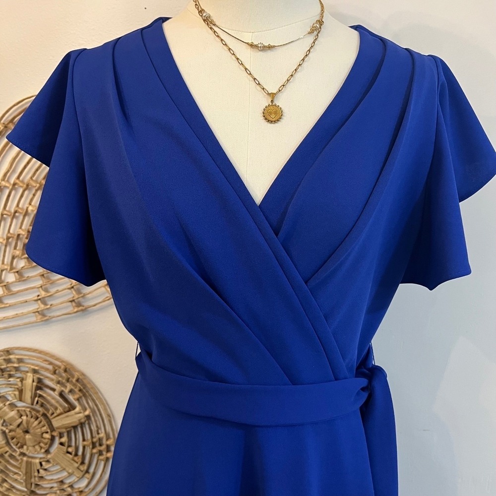 DKNY Royal Blue Wrap‎ Midi Dress Wedding Guest Cocktail Flutter Sleeve Sz 6 - Picture 3 of 8